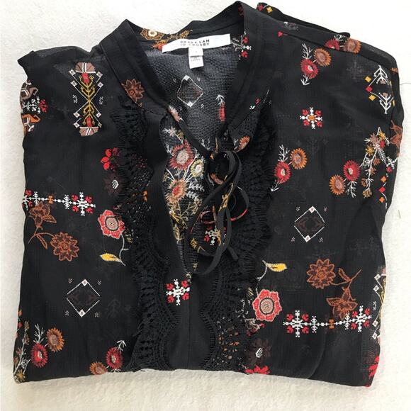 Derek Lam 10 Crosby black silk blouse Aztec floral print 4 long sleeve v neck - Picture 12 of 12